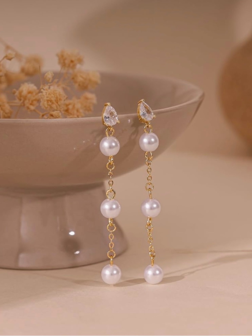 Dainty Pearl Drop Earrings 14K Gold Plated CZ Pearls Dangle Earrings